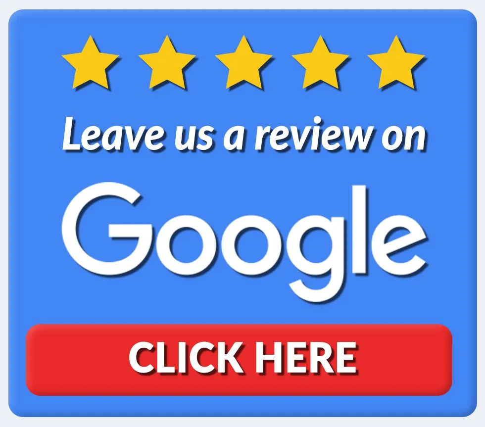 Blue Google review button with five stars and red “Click Here” label.