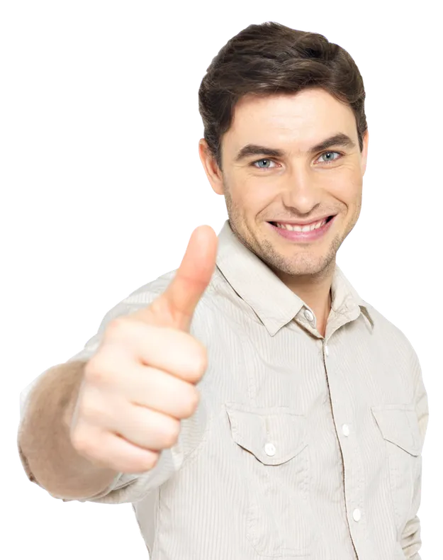 Smiling person in a light-colored button-up shirt giving a thumbs-up gesture against a white background.
